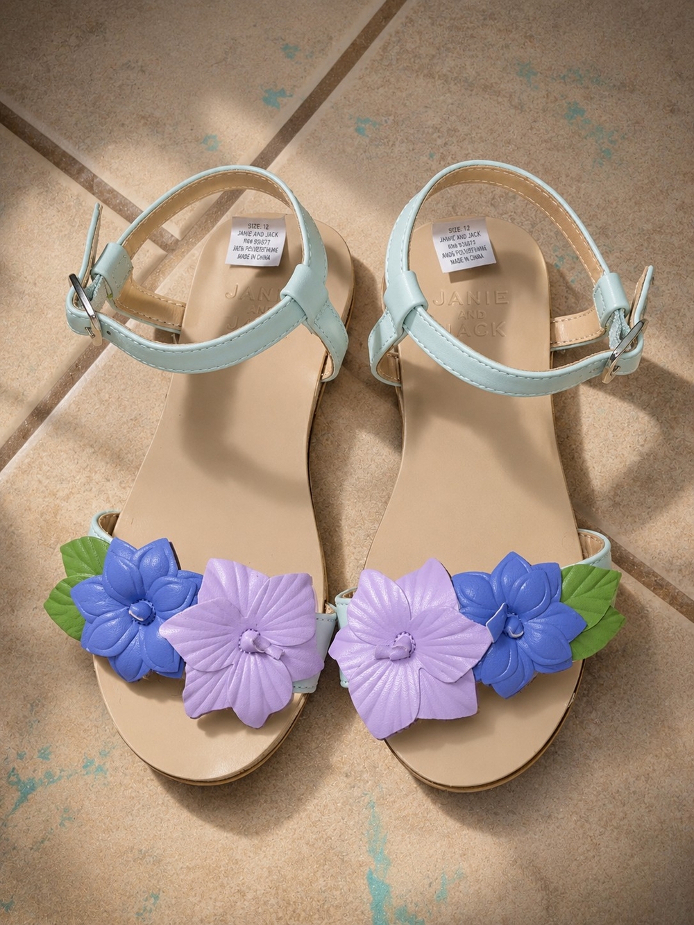 Janie and Jack Mint Girls' Sandals with Purple & Blue Flower Appliqués